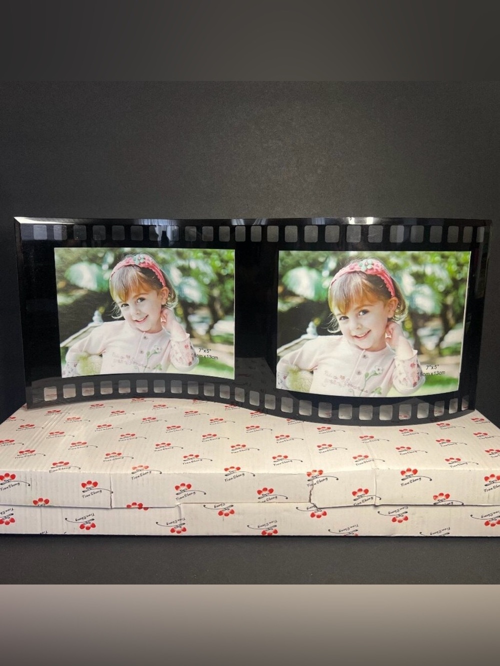 NIB Black Glass Double Photo Frame Curved Film Strip Picture Holder 7 x 16.25"
